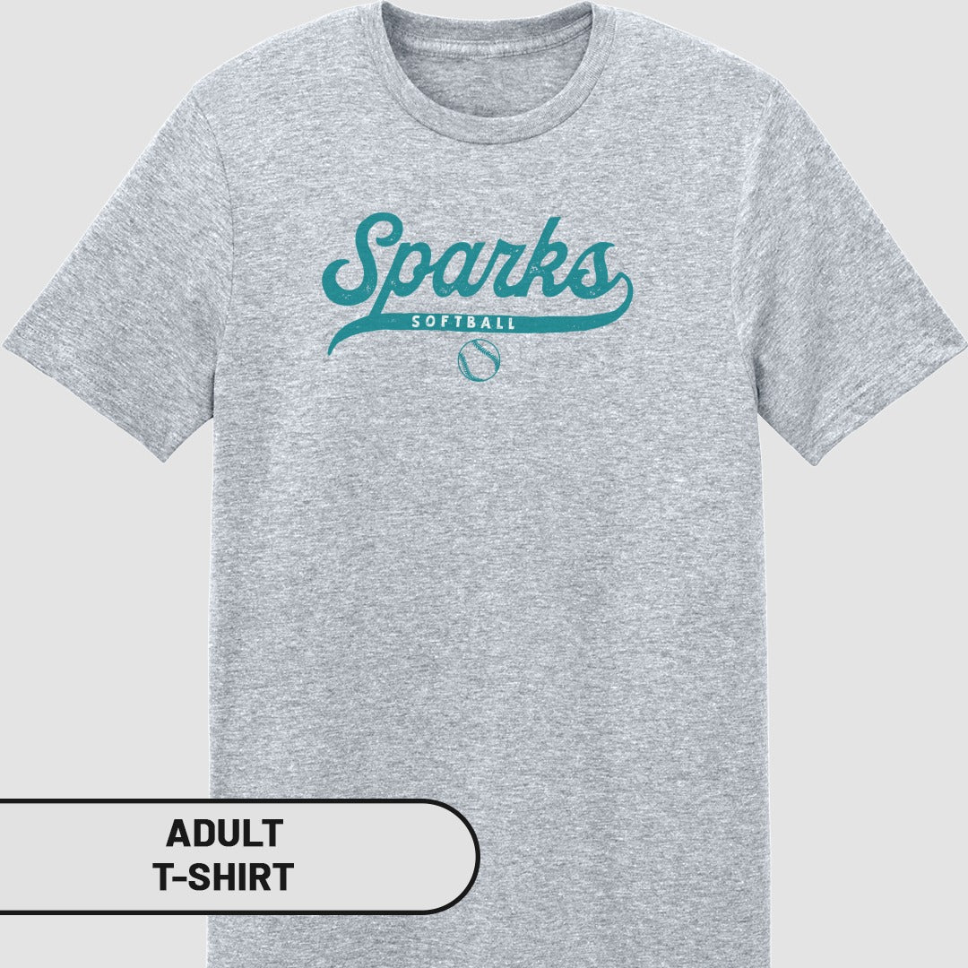 Adult gray t-shirt with "Sparks" and a softball graphic.
