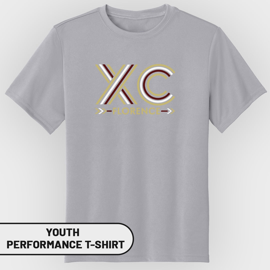 Youth grey performance t-shirt with "XC" and "FLORENCE" text graphic.