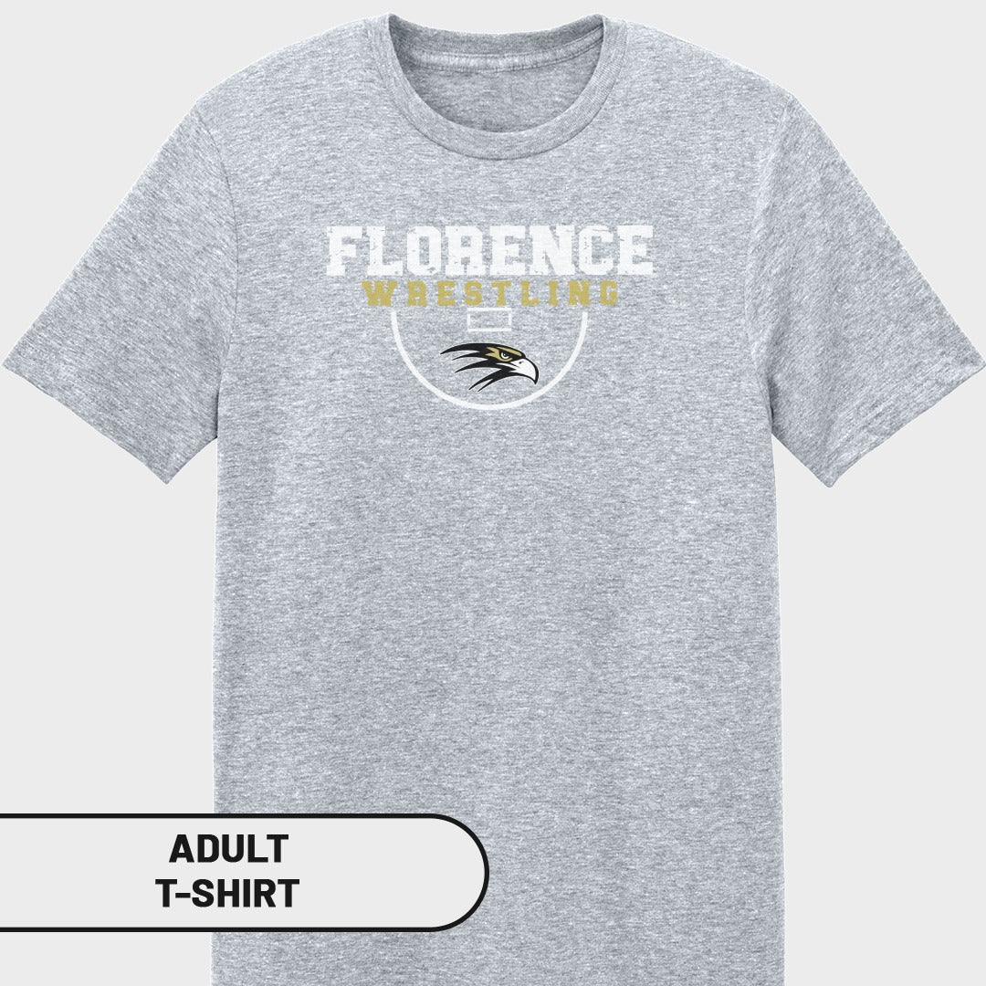 Grey t-shirt with "FLORENCE WRESTLING" text and eagle logo.
