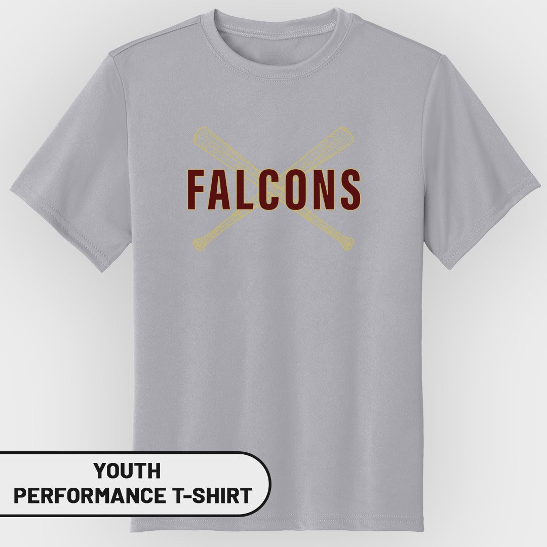 Gray youth performance t-shirt with crossed baseball bats and "FALCONS" text.