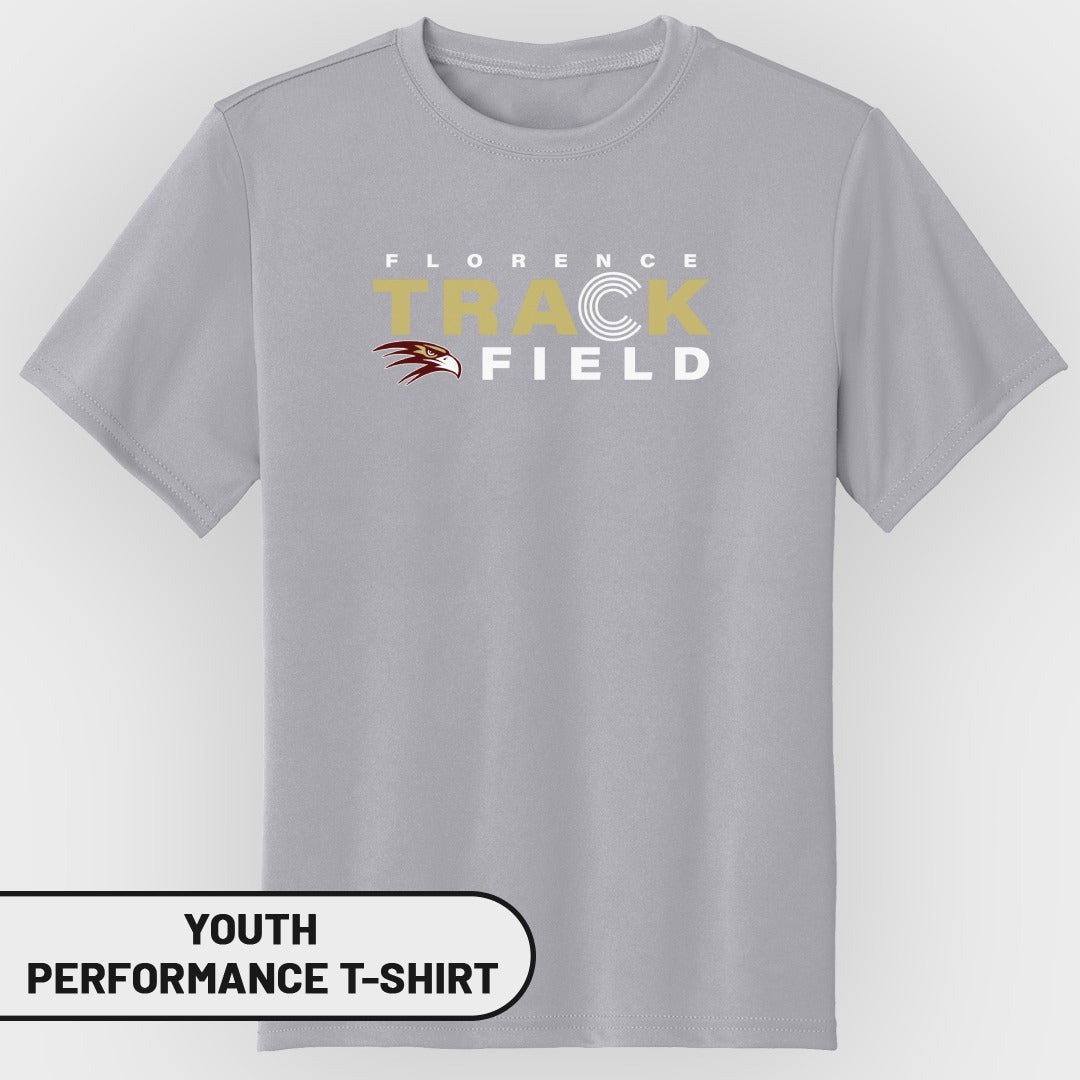 Grey youth performance t-shirt with "Florence Track Field" and hawk logo graphic.