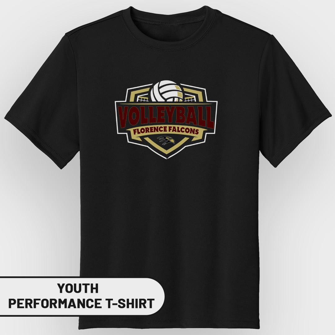 Black youth performance t-shirt with Florence Falcons volleyball logo.