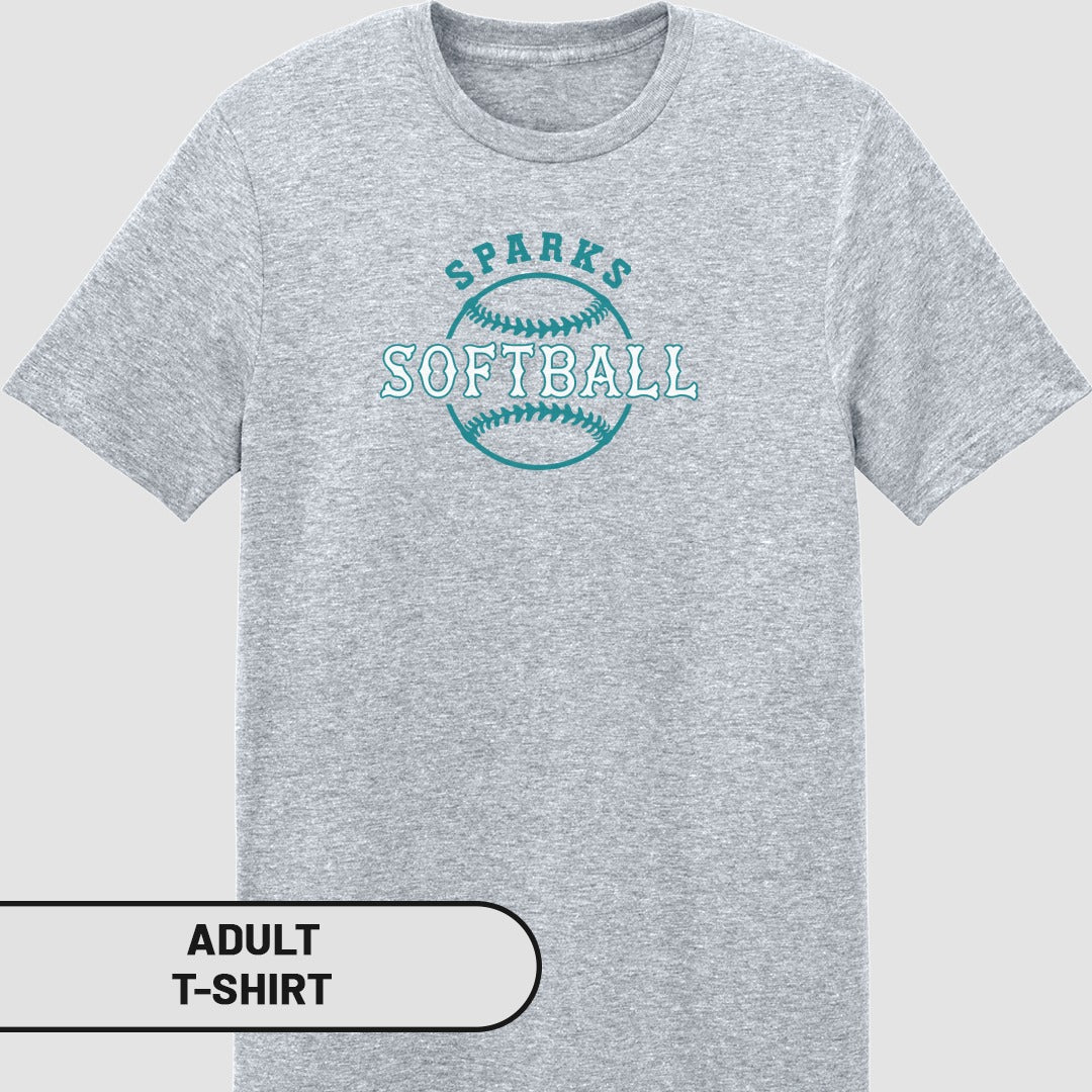 Grey adult t-shirt with "SPARKS SOFTBALL" logo in teal.