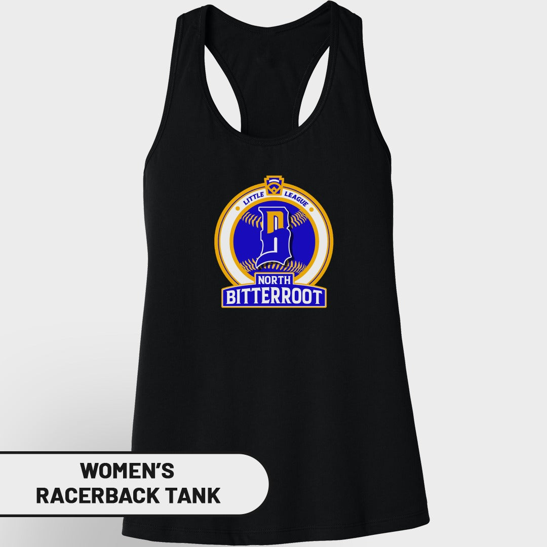 Women's racerback tank featuring Little League North Bitterroot logo.