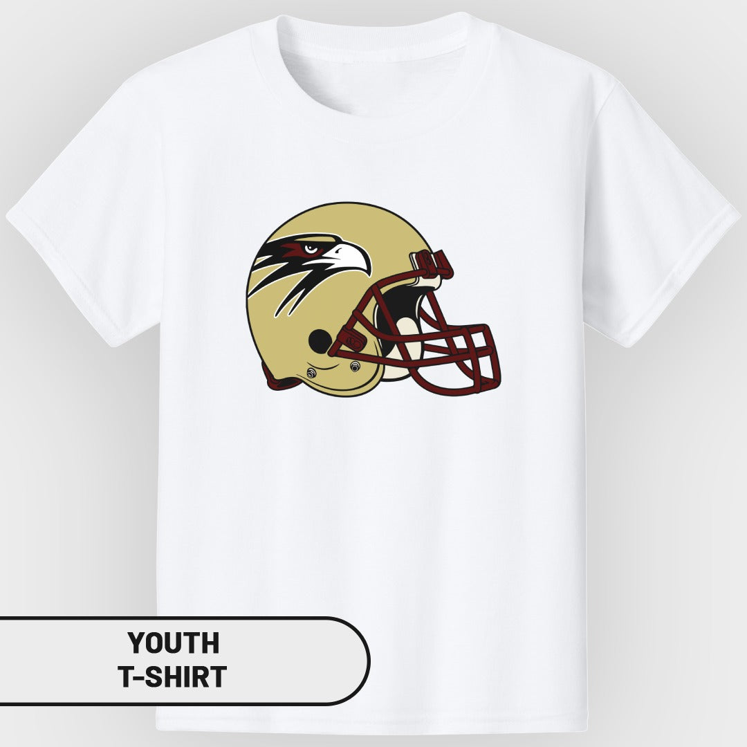 White youth t-shirt with a gold and maroon football helmet featuring an eagle design.