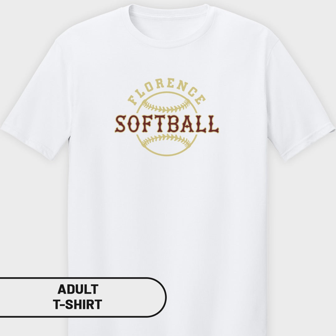 White adult t-shirt with "Florence Softball" text and softball graphic.