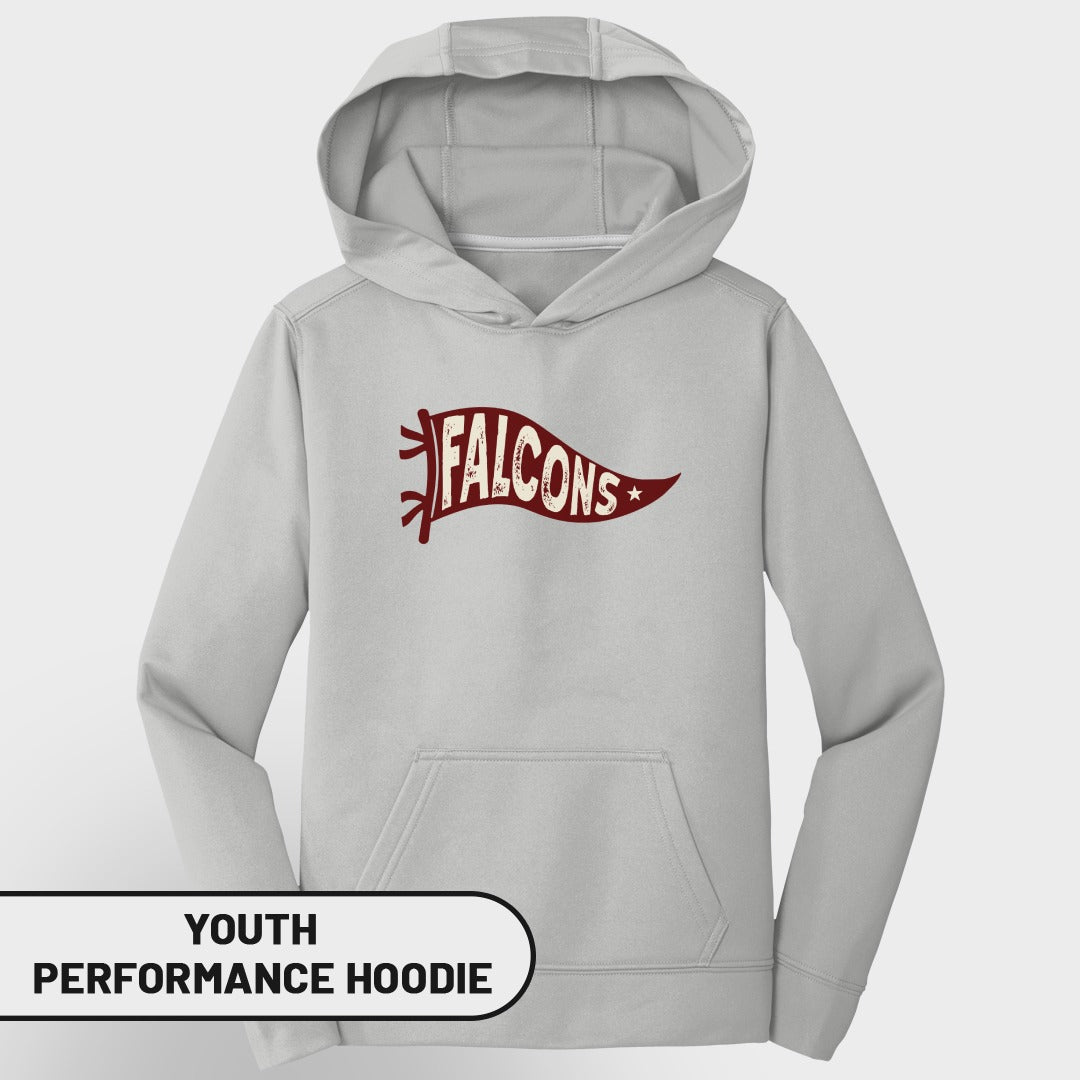 Gray youth performance hoodie with "FALCONS" banner graphic.