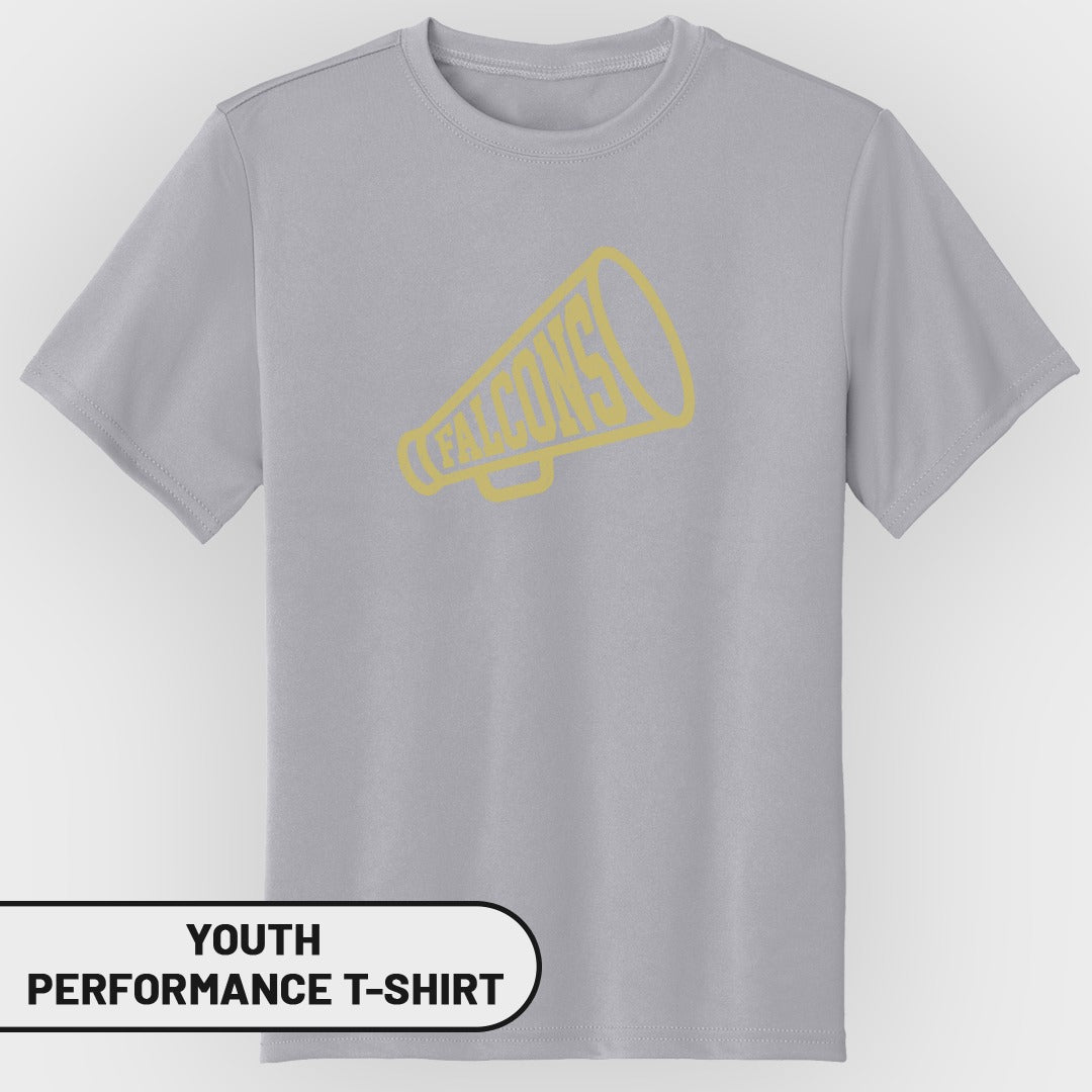 Youth gray t-shirt with yellow megaphone graphic and text "FALCONS".