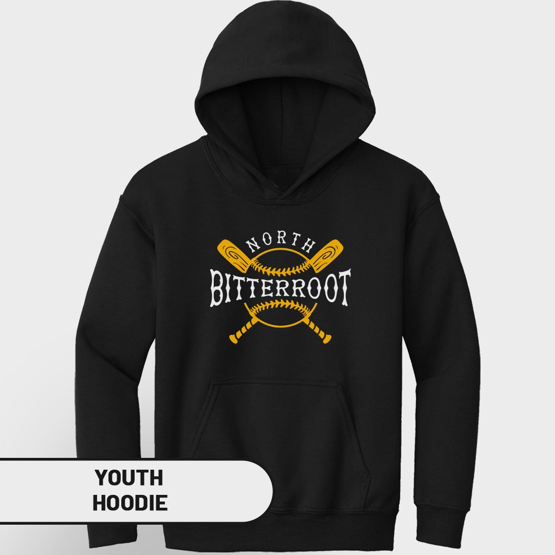 Black youth hoodie with crossed baseball bats and ball graphic.