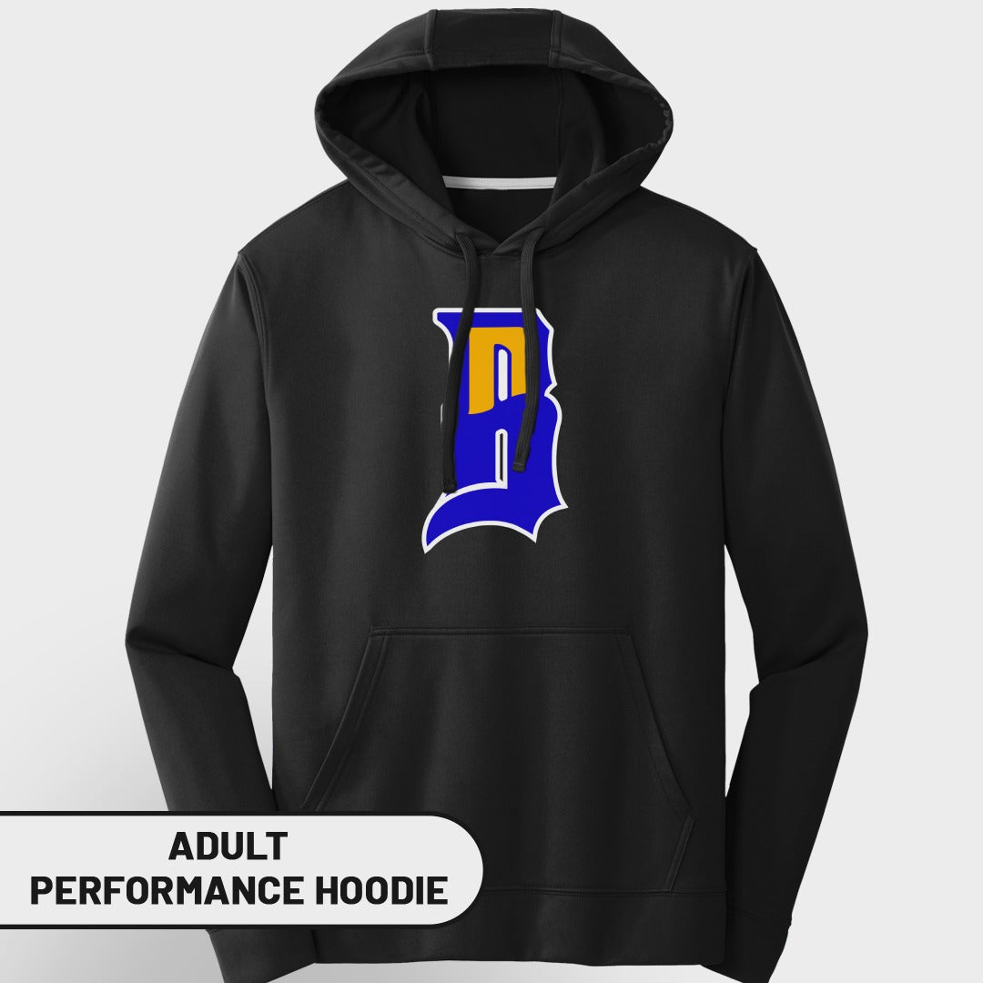 Black adult performance hoodie with blue and yellow stylized "B" logo.