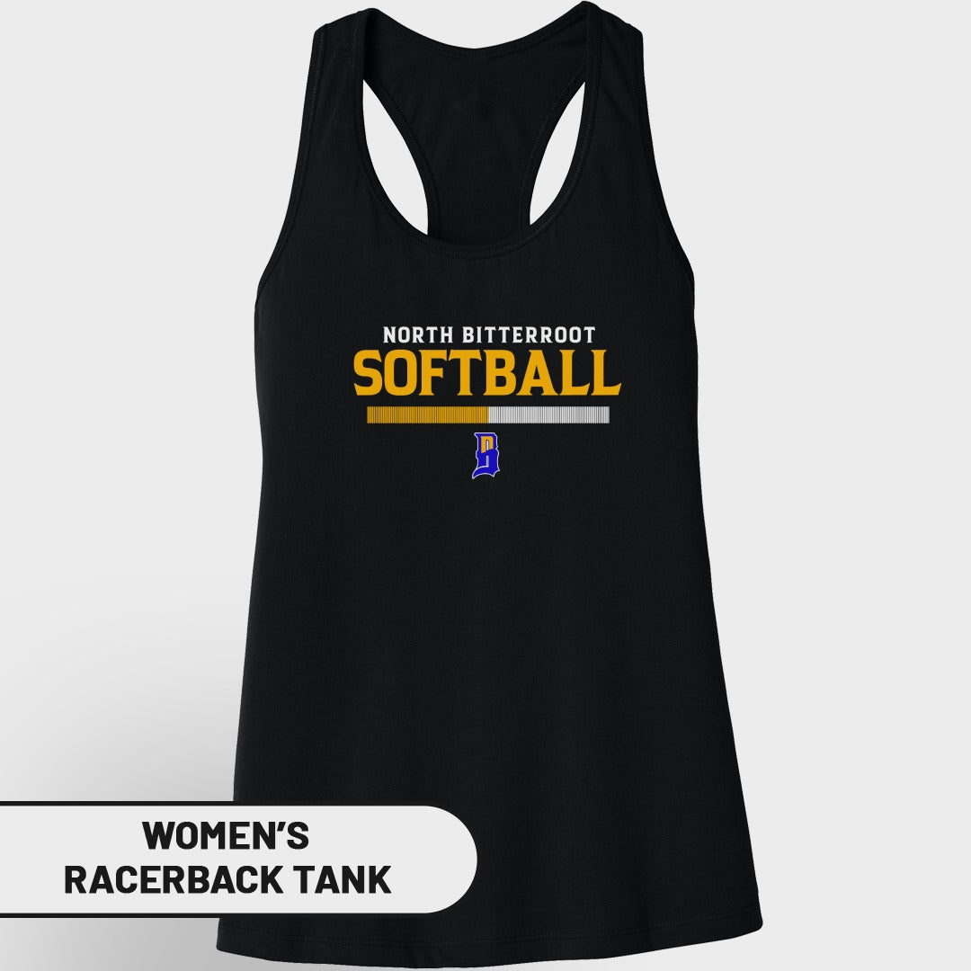 Black women's racerback tank with "NORTH BITTERROOT SOFTBALL" and a blue 'D' logo.