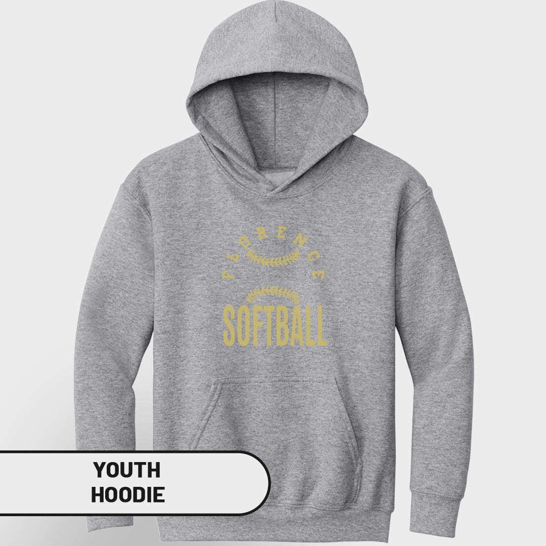 Grey youth hoodie with "Florence" and "Softball" text in yellow.