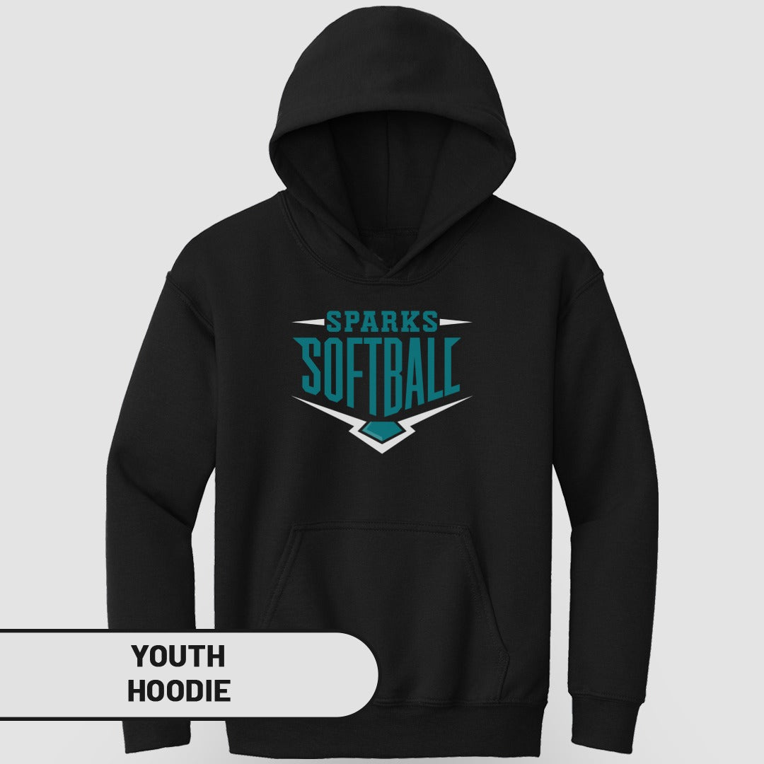 Black youth hoodie with "SPARKS SOFTBALL" logo in teal and white.