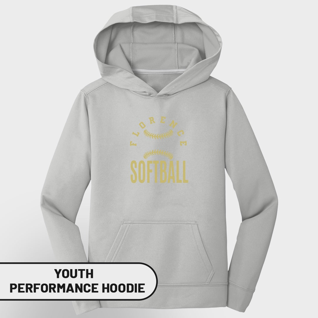 Youth gray performance hoodie with "Florence Softball" graphic and softball.
