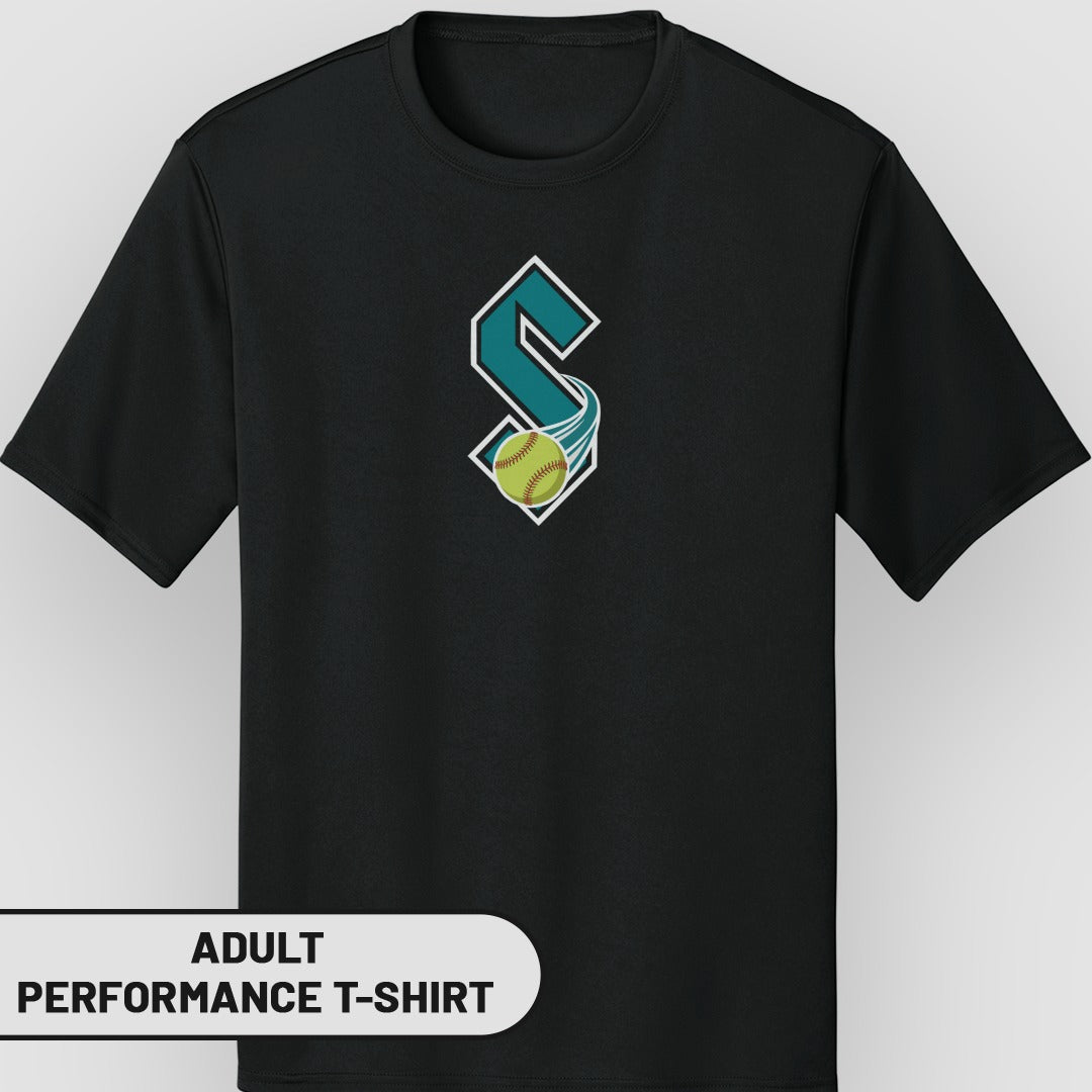 Black adult performance t-shirt with a teal "S" logo and a yellow softball.