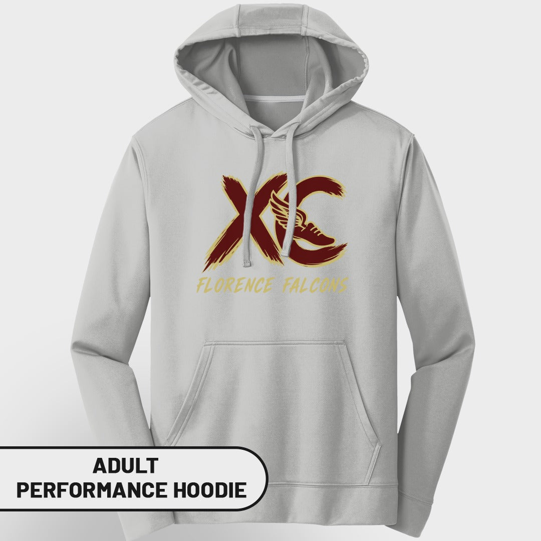 Light gray adult performance hoodie with burgundy and gold "XC" logo and "FLORENCE FALCONS" text.