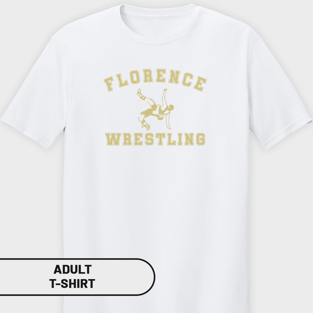 White t-shirt with gold "FLORENCE WRESTLING" text and wrestler graphic.