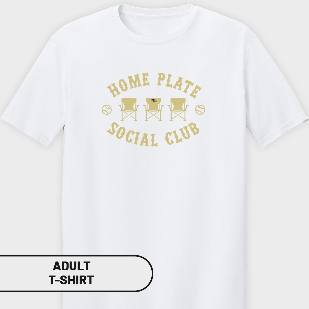 White adult t-shirt with gold text "HOME PLATE SOCIAL CLUB" and three chairs.