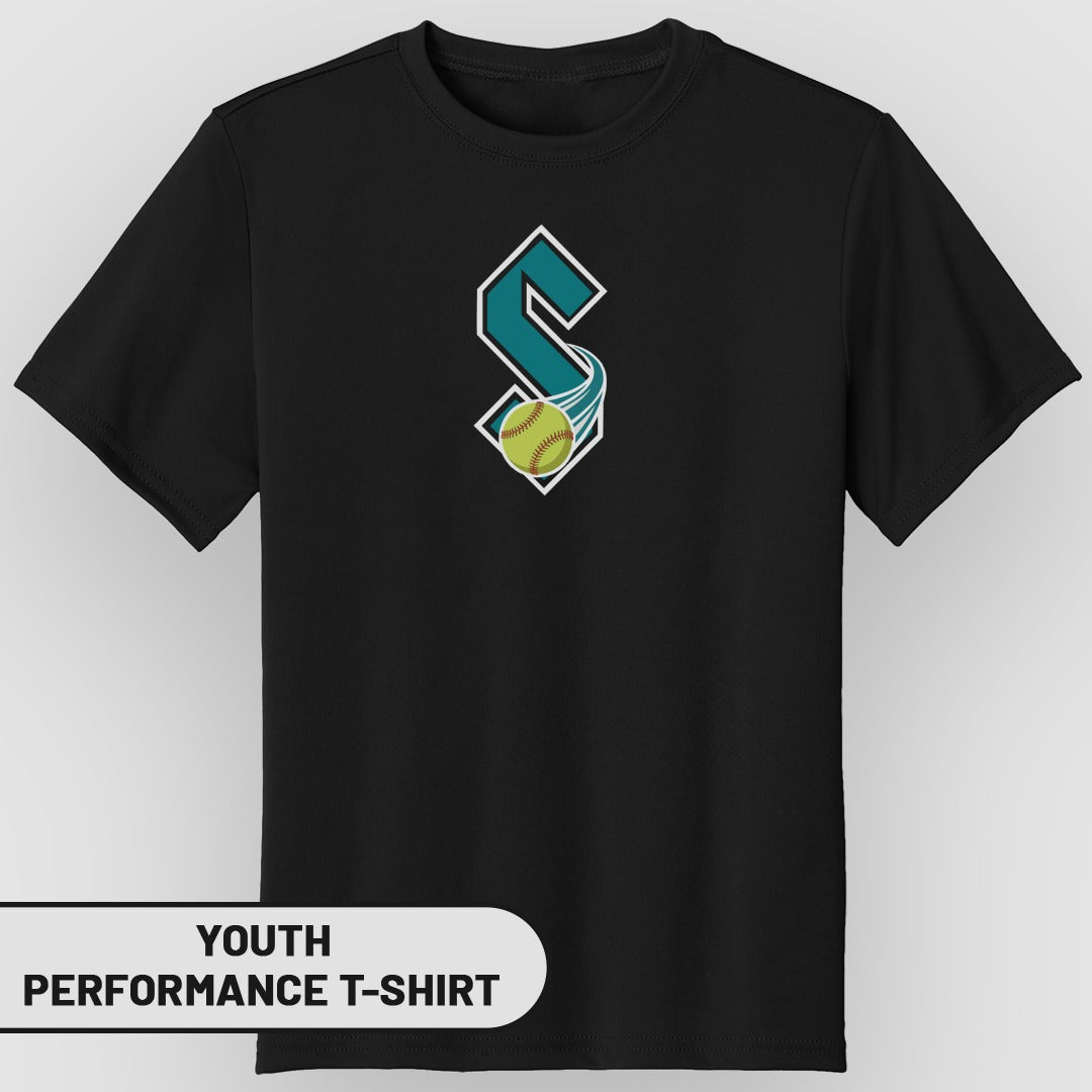 Black youth performance t-shirt with a teal 'S' logo and softball.