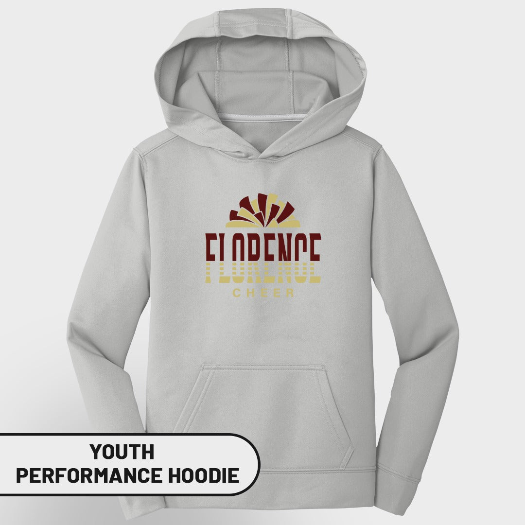 Grey youth performance hoodie with "Florence Cheer" text and fan graphic.
