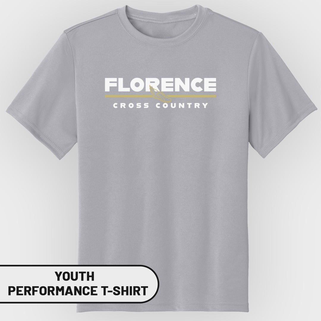 Grey youth performance t-shirt with "Florence Cross Country" text and a running shoe graphic.