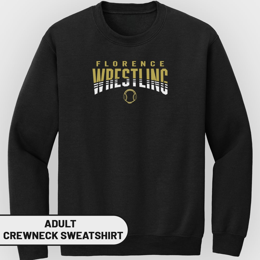 Black adult crewneck sweatshirt with "Florence Wrestling" text and wrestling icon.