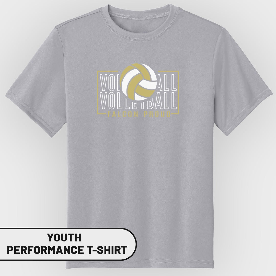 Gray youth performance t-shirt with "Volleyball" and "Falcon Proud" graphic.