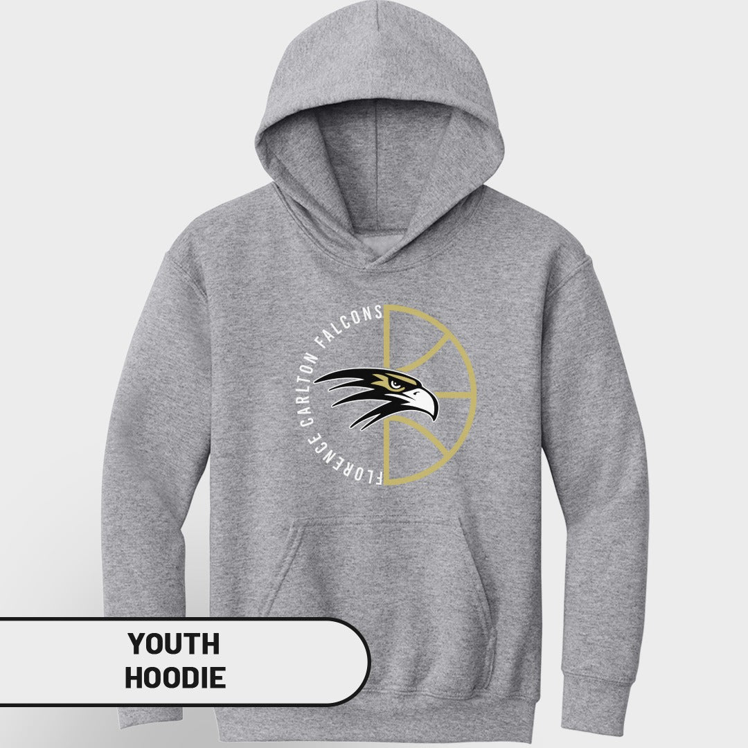 Grey youth hoodie with a circular logo featuring a falcon and text.