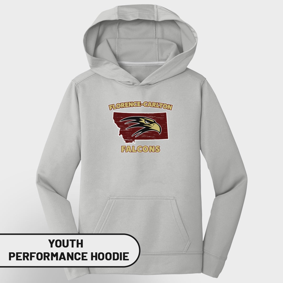 Light grey youth performance hoodie with Florence-Carlton Falcons logo inside Montana outline.