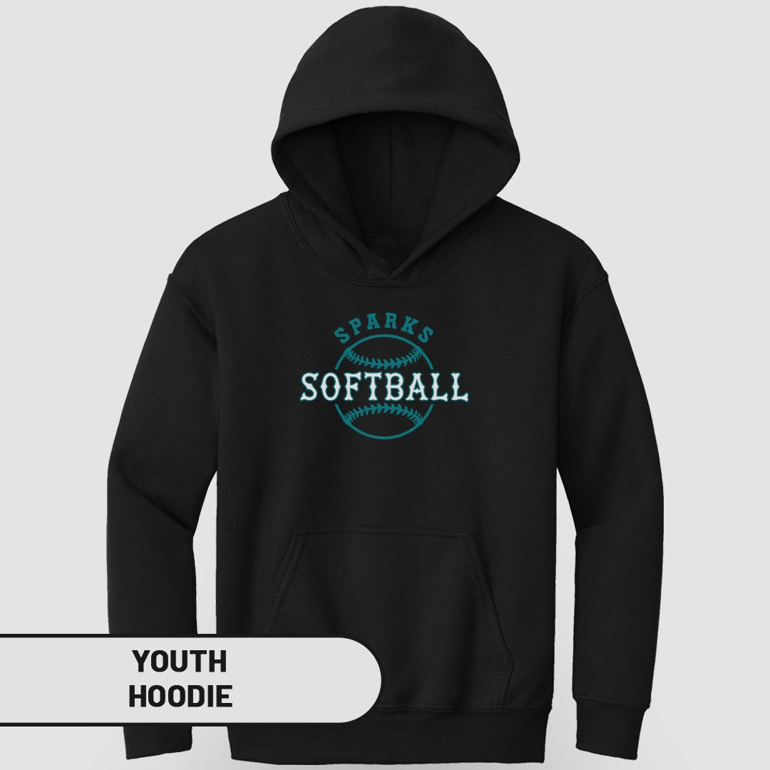 Black youth hoodie with "SPARKS SOFTBALL" text and graphic.