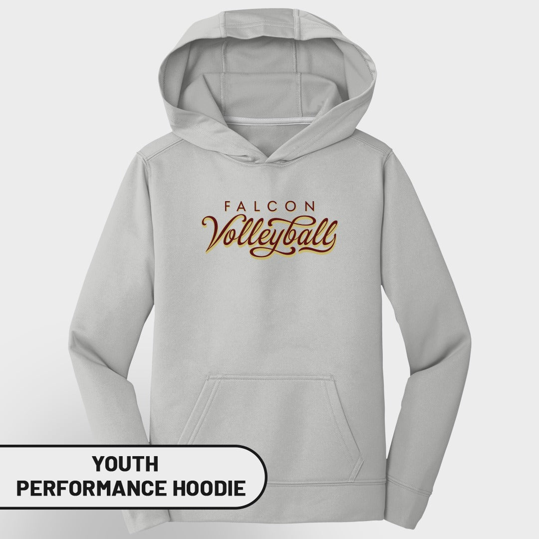 Light grey youth performance hoodie with "FALCON Volleyball" text graphic.