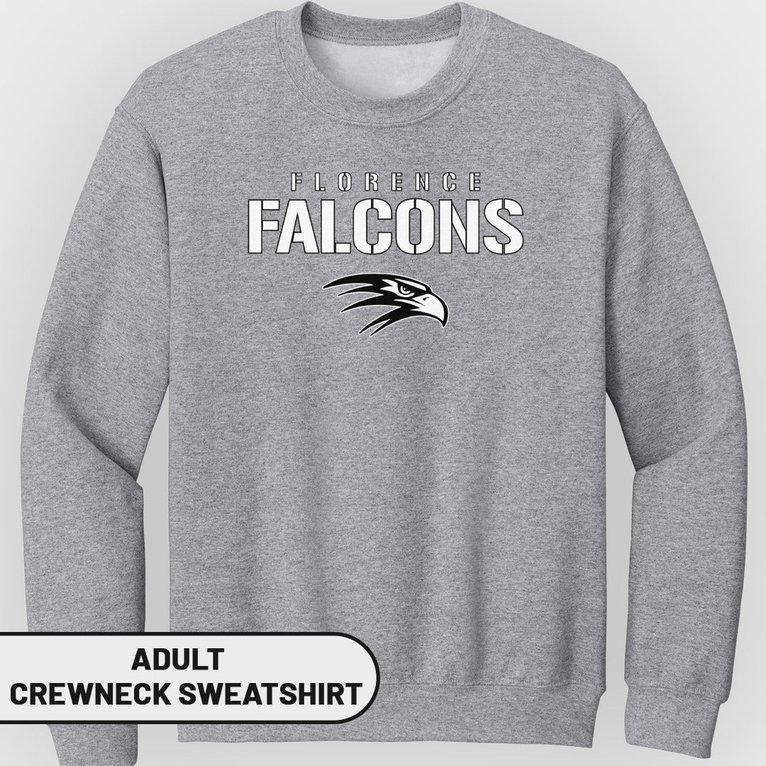Grey adult crewneck sweatshirt with "Florence Falcons" text and a falcon graphic.