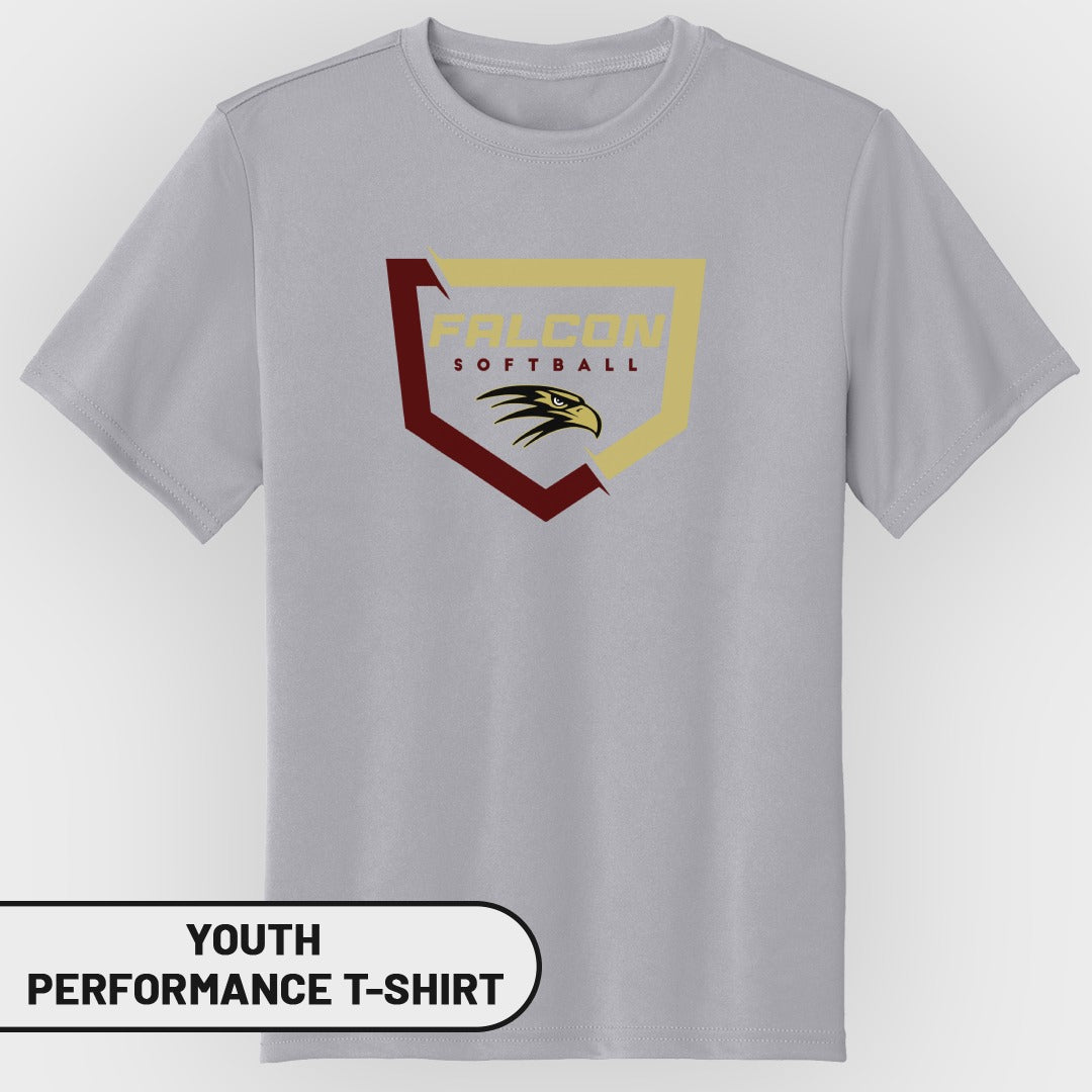 Grey youth performance t-shirt with "FALCON SOFTBALL" and eagle logo.