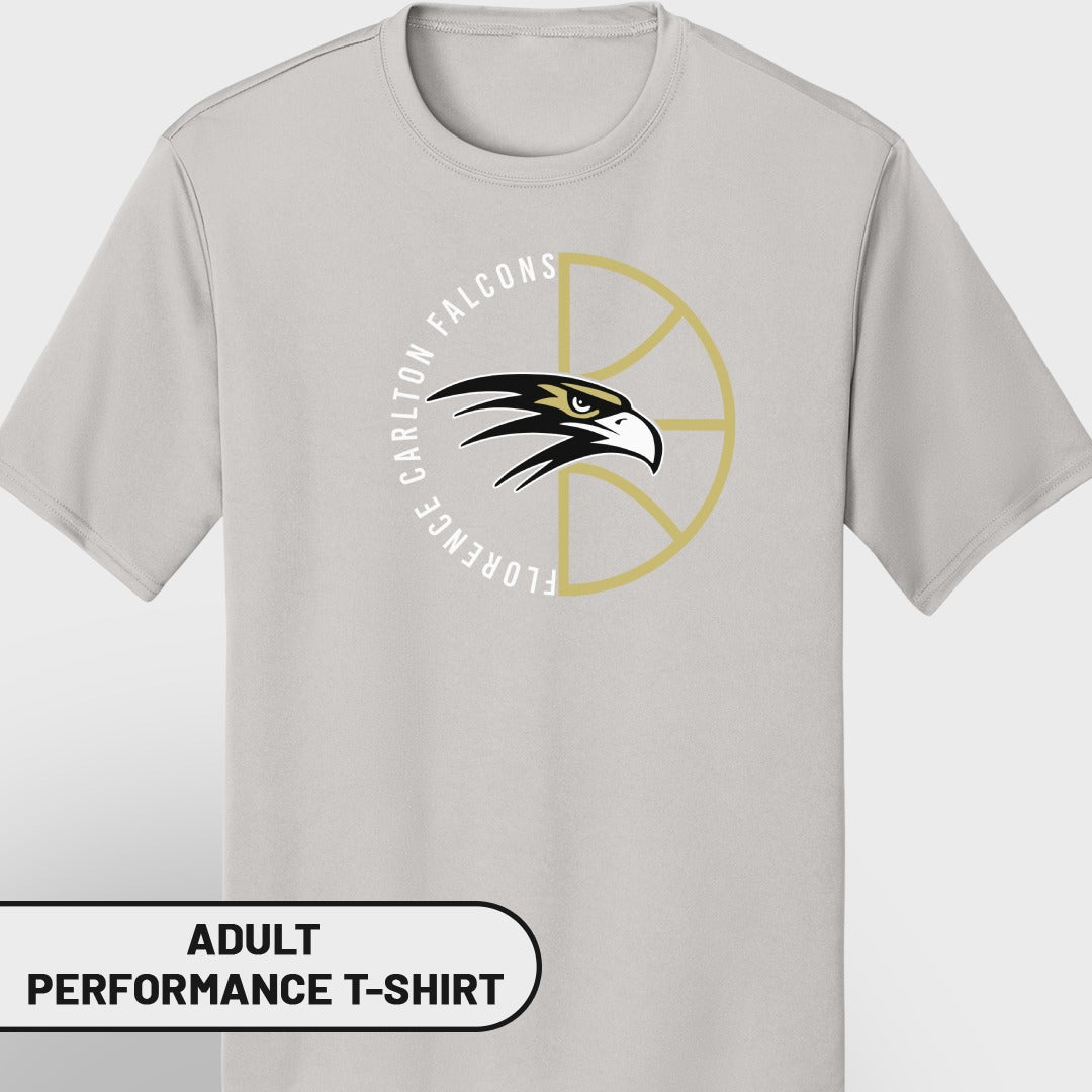Light grey t-shirt with a logo featuring a falcon's head and "Florence Carlton Falcons" text.