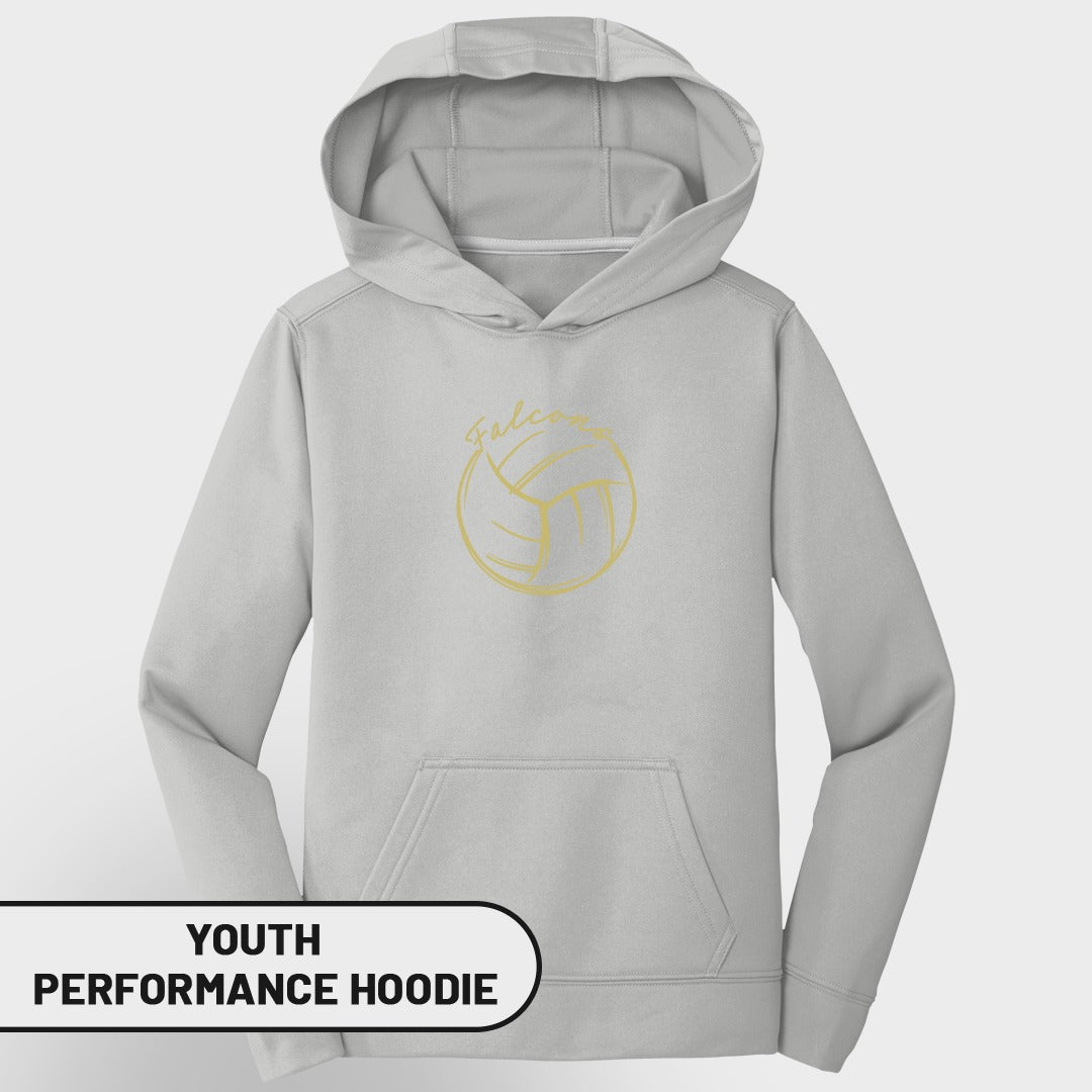 Youth grey performance hoodie with gold volleyball and "Falcons" graphic.