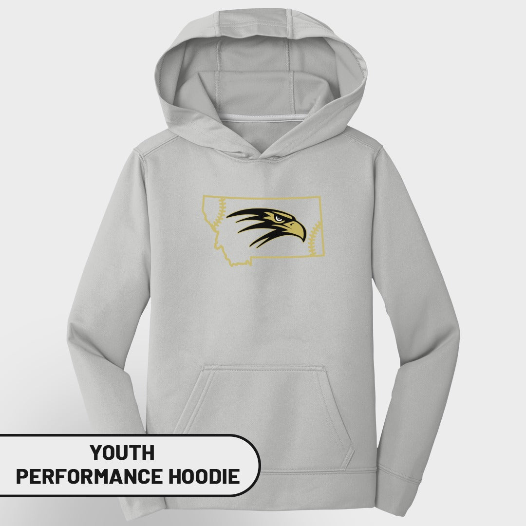 Light gray youth performance hoodie with Montana outline and eagle graphic.