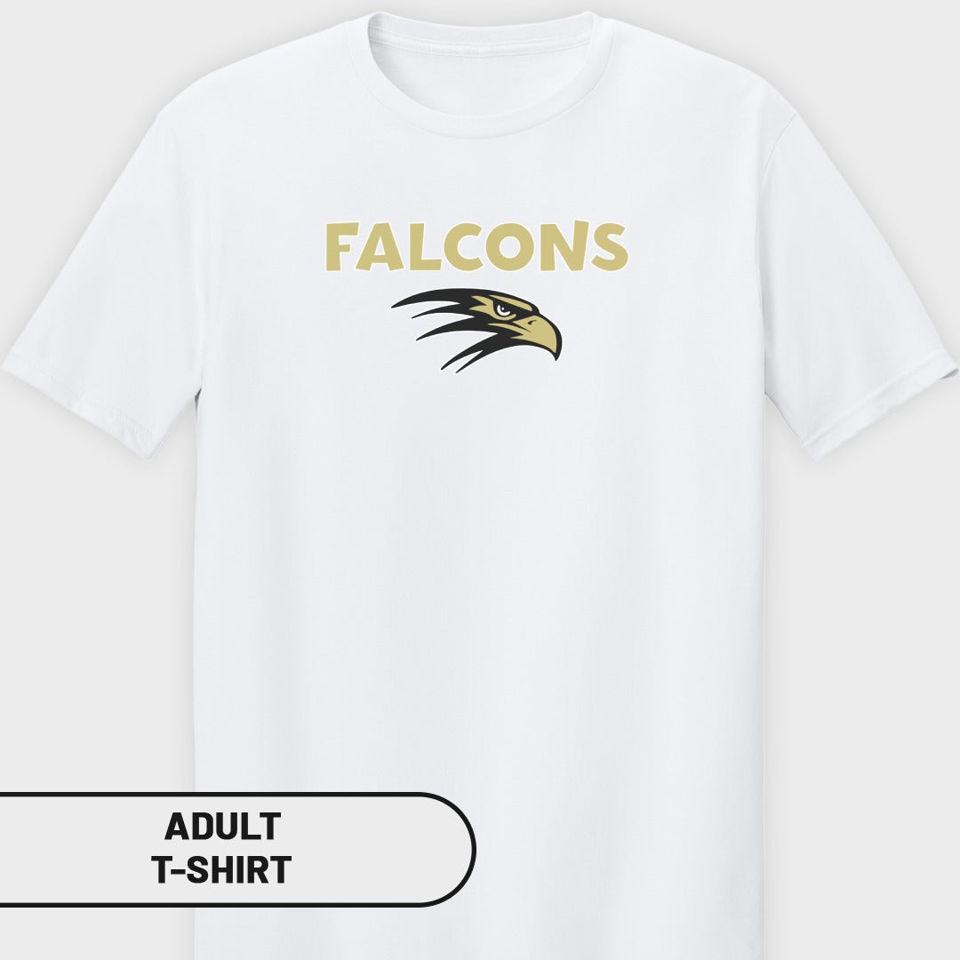 White adult t-shirt with "FALCONS" text and a gold and black falcon logo.