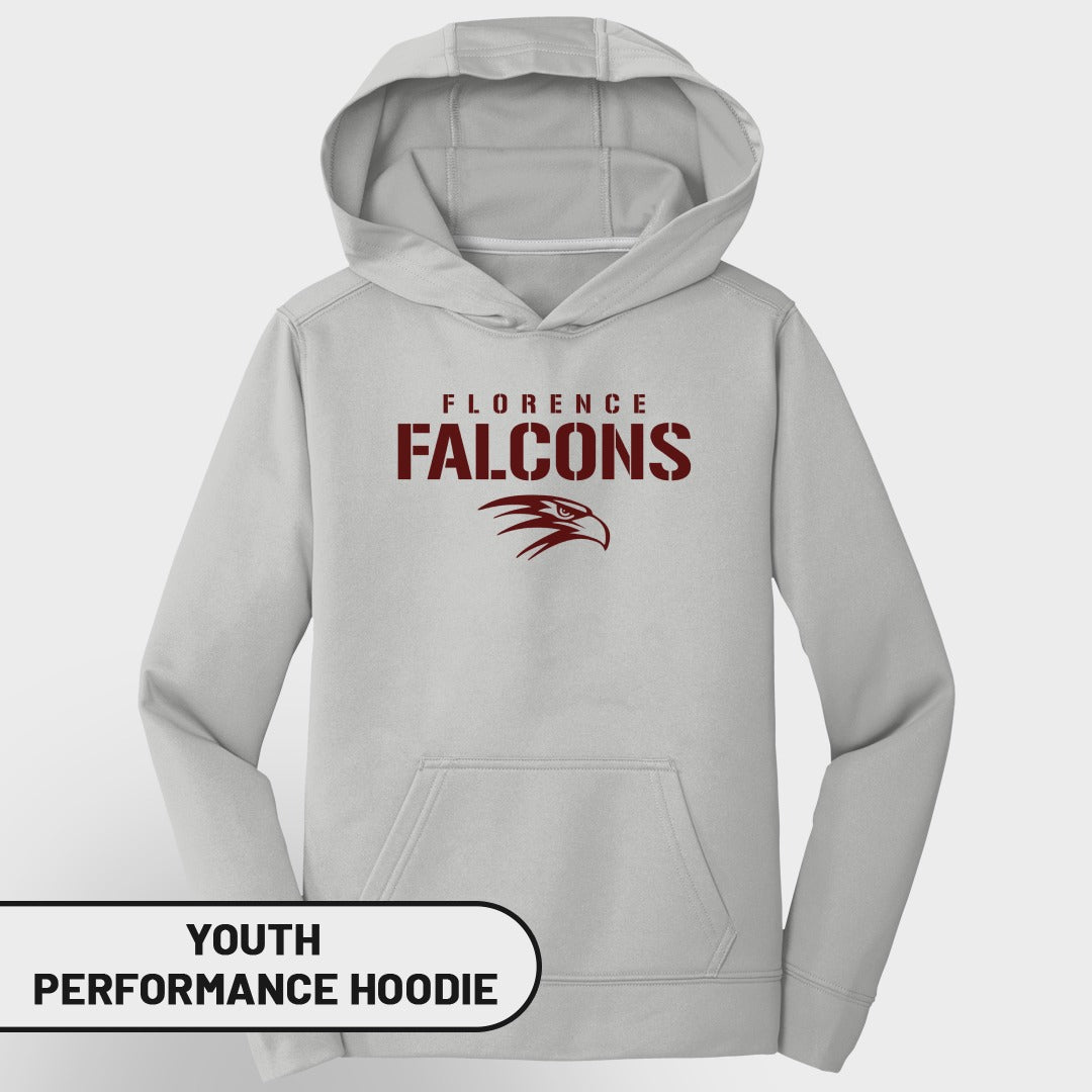Light gray youth performance hoodie with "Florence Falcons" and falcon logo.
