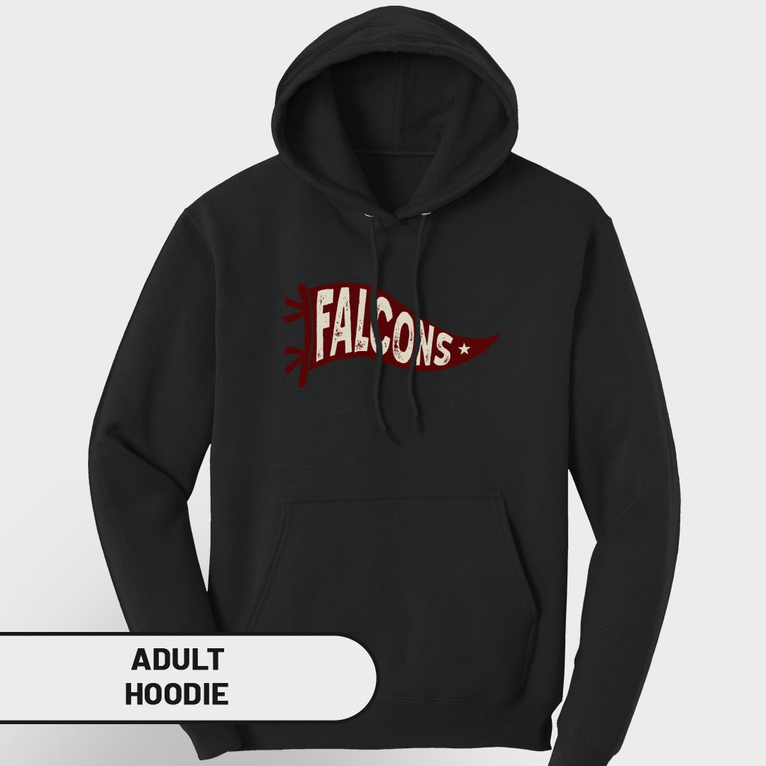 Black adult hoodie with red banner graphic that reads "FALCONS".