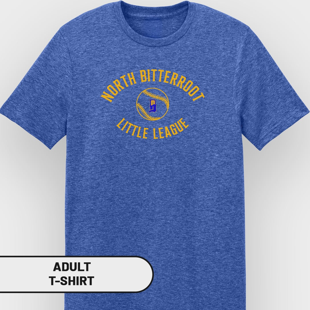 North Bitterroot Little League adult t-shirt with yellow embroidered logo.