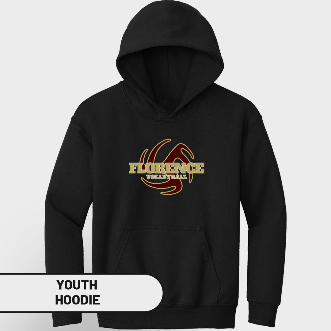 Black youth hoodie with "Florence Volleyball" logo and graphic.