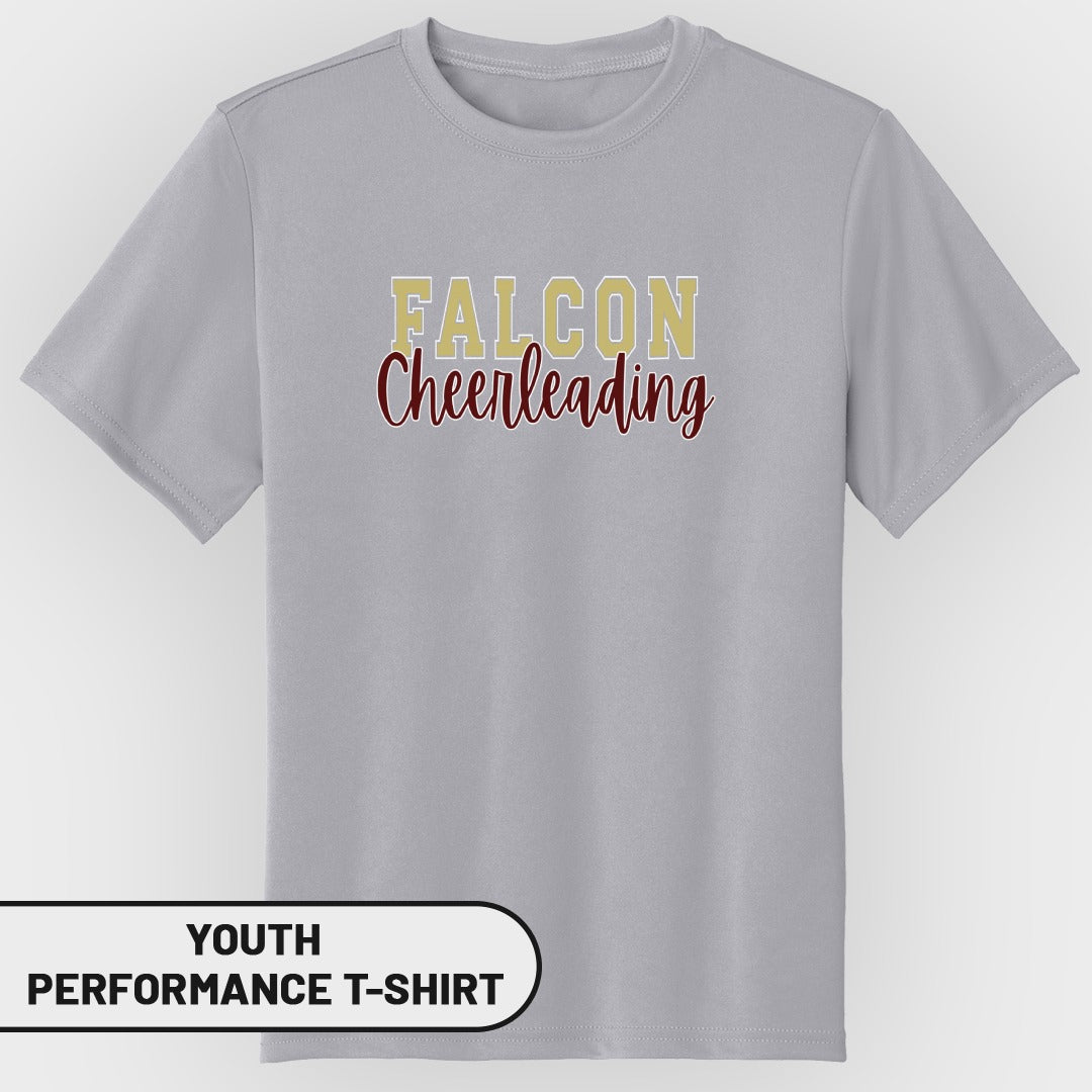 Youth performance t-shirt with "FALCON Cheerleading" text.