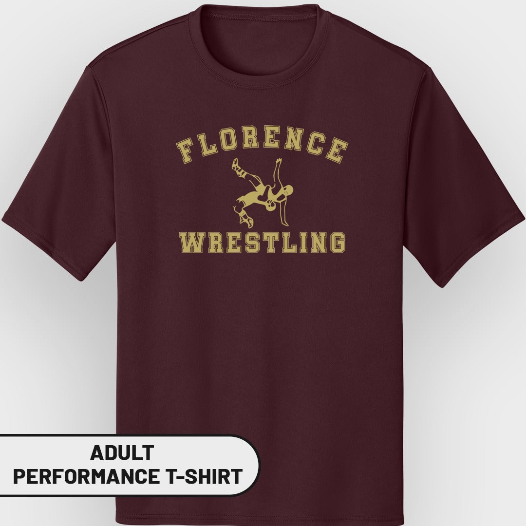 Maroon adult performance t-shirt with gold Florence Wrestling graphic.