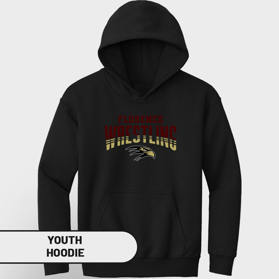 Black youth hoodie with Florence Wrestling logo and eagle graphic.