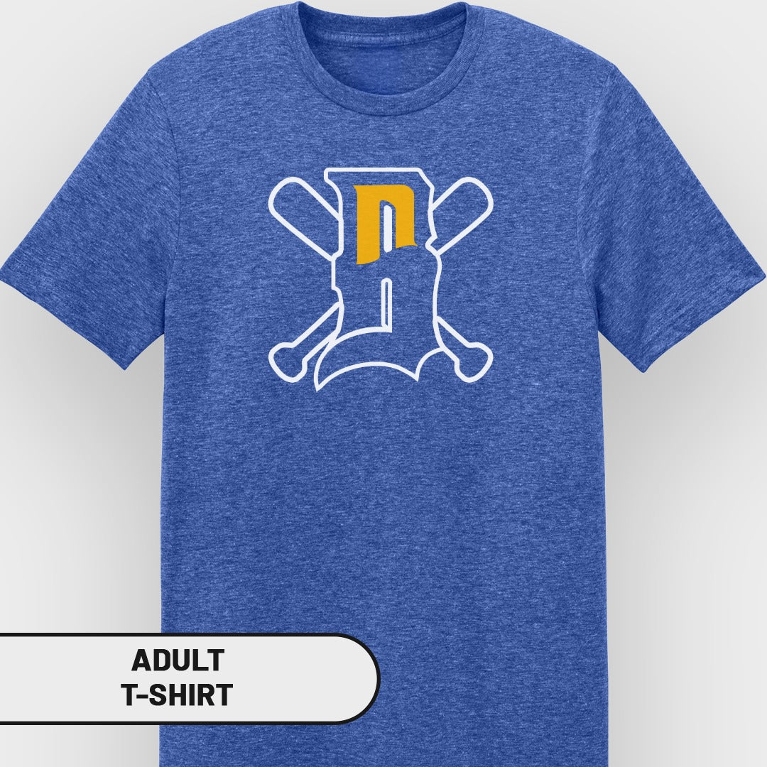 Blue t-shirt with a white baseball bat crossing a yellow 'D' logo.