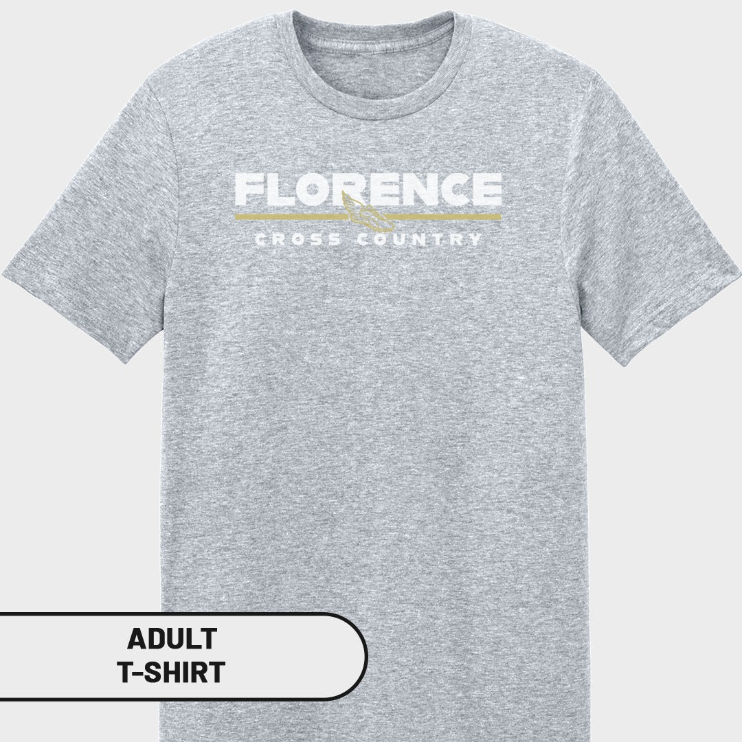Grey adult t-shirt with "FLORENCE CROSS COUNTRY" text and graphic design.