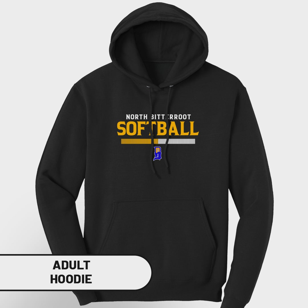 Black adult hoodie with "NORTH BITTERROOT SOFTBALL" and a blue 'I' graphic.