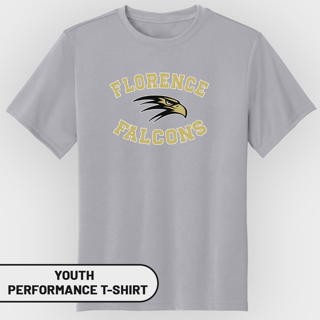 Youth performance t-shirt with Florence Falcons logo.