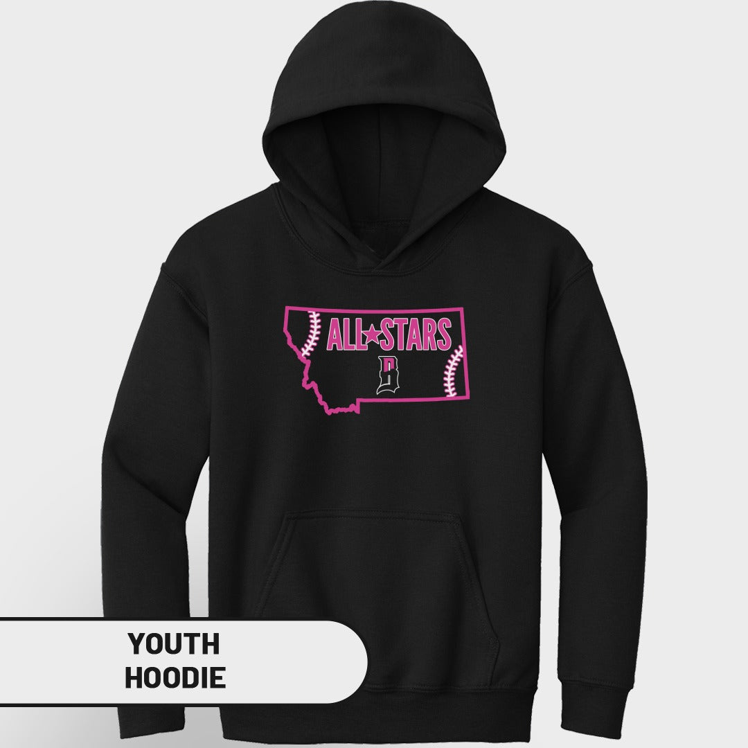 Black youth hoodie with a pink Montana outline and "All Stars" text.