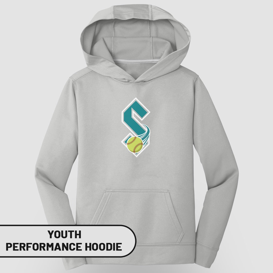 Gray youth performance hoodie with athletic "S" logo and softball.